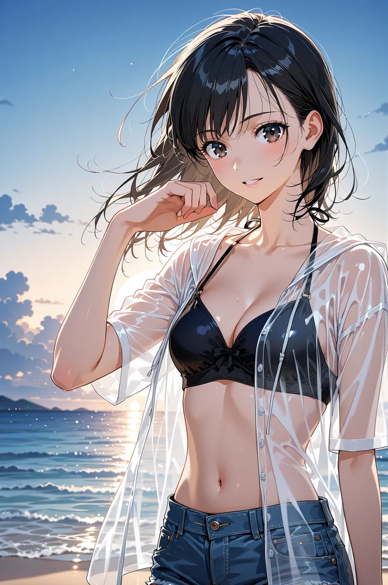青く澄んだ空と輝く海を背景に、黒髪の美少女が優しく微笑むアニメ調のイラストです。透光感のあるシャツと紺色のパンツを合わせた清潔感のある装い、柔らかな日光に照らされた表情の美しさが特徴的です。