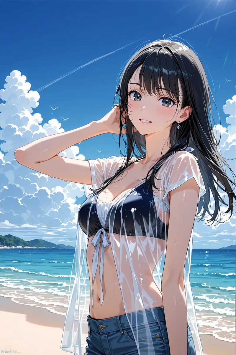 白いシャツを羽織った黒髪の少女が、青く澄んだ海と白い雲が広がるビーチで優しく微笑んでいます。夏の日差しを浴びた爽やかなアニメ調イラスト。