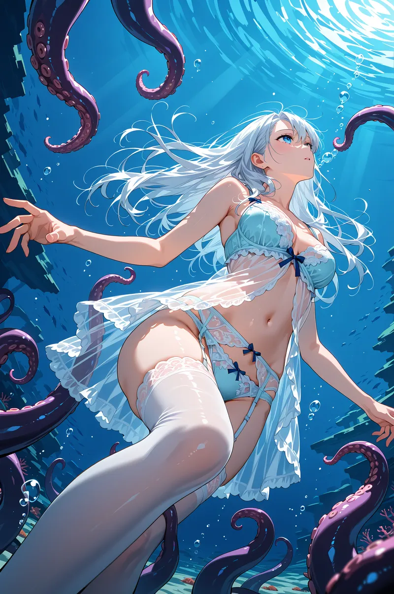 青く深い水中を舞う白髪の少女が、紫色の触手に囲まれながら上を見つめるファンタジーイラスト。水泡が舞う神秘的な世界観が表現された、アニメ調の美麗な一枚です。