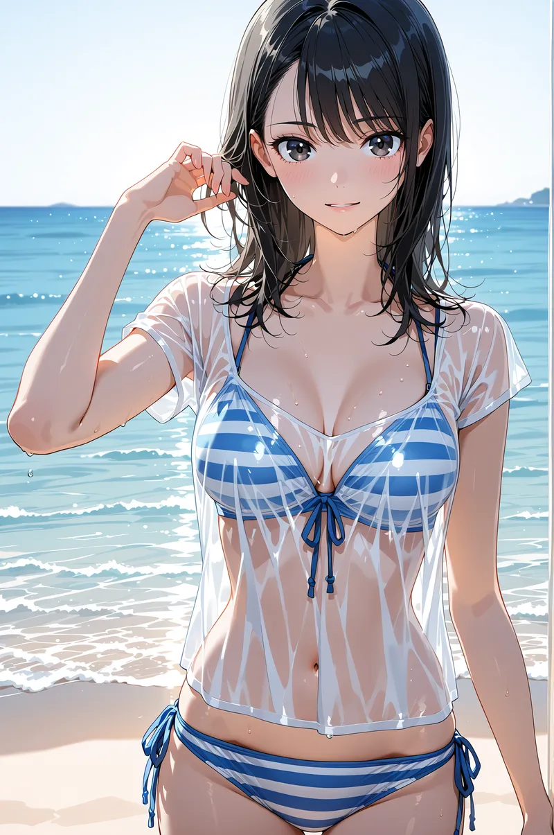 紺白ボーダー柄の水着姿で、透明感のある白シャツを羽織った女性が海辺に佇むアニメ調イラストです。爽やかな笑顔と髪に触れる仕草が印象的で、波打つ海と砂浜の背景が夏らしい雰囲気を演出しています。