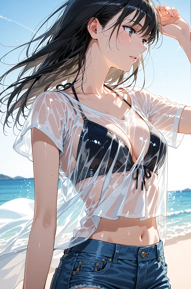 青い海を背景に、透明感のある白いシャツを羽織った女性が風になびく黒髪をかき上げている。晴れた浜辺で爽やかな笑顔を浮かべる、カジュアルで親しみやすいアニメ調イラストです。