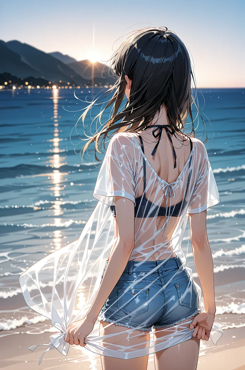 透明感のある白いシャツを羽織った黒髪の少女が、夕日に照らされた海岸に立っています。風になびく髪と、きらめく波のグラデーション、遠くの山並みと街灯が織りなす幻想的な風景です。