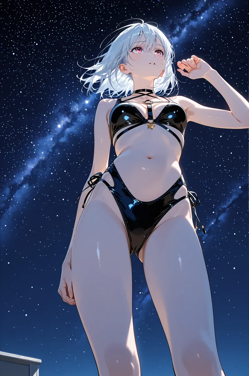 白い短めの銀髪と紫紅色の瞳が特徴的な少女が、満天の星空を背景に上を見つめています。黒を基調としたモダンなデザインの衣装をまとい、夜空の壮大さを感じさせる幻想的なアニメ調イラストです。