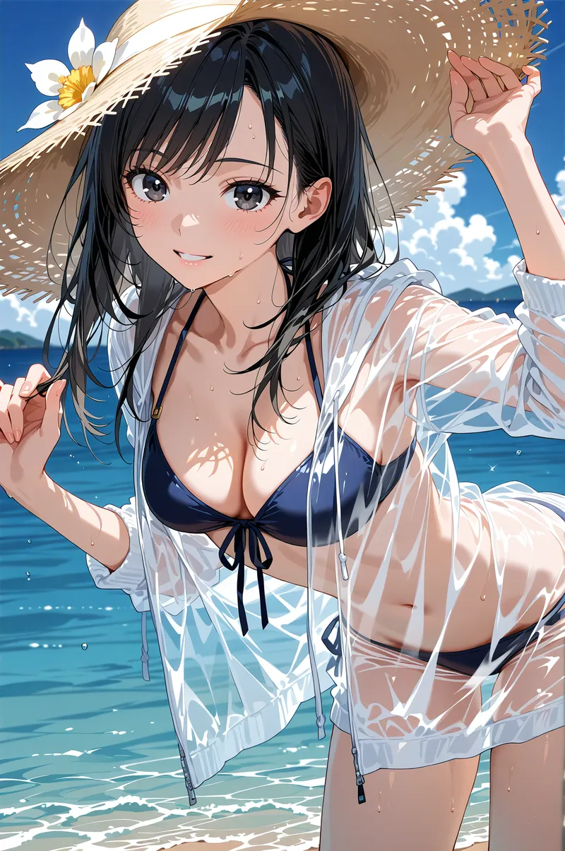 青い海を背景に、黒い髪と瞳が印象的な美少女が麦わら帽子を被り、白い透け感のあるシャツを羽織っている。青空に映える爽やかな夏の装いで、白い花をあしらった帽子が優雅な雰囲気を演出しています。