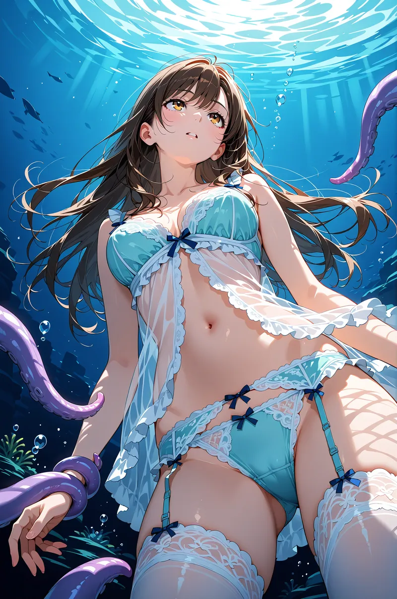 紫色の触手に囲まれた深海を舞台に、黒髪を流し金色の瞳を上向きに輝かせる少女が描かれています。水中の光と泡が幻想的な雰囲気を演出した、清潔感あふれるアニメ調ポートレートです。
