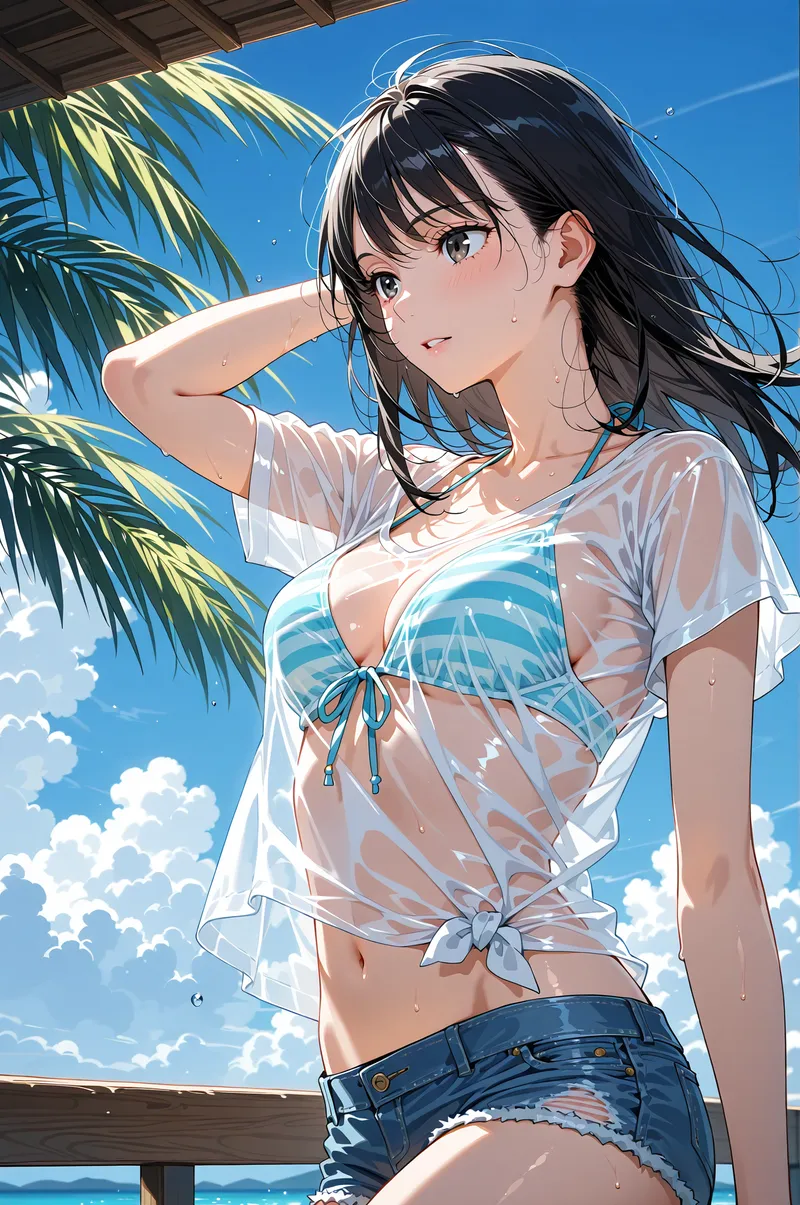 澄みきった青空と白い雲を背景に、黒髪の美少女がカジュアルな白シャツと青いデニムで笑顔を見せています。手を髪にあて、爽やかな夏の風を感じるアニメ調イラストです。