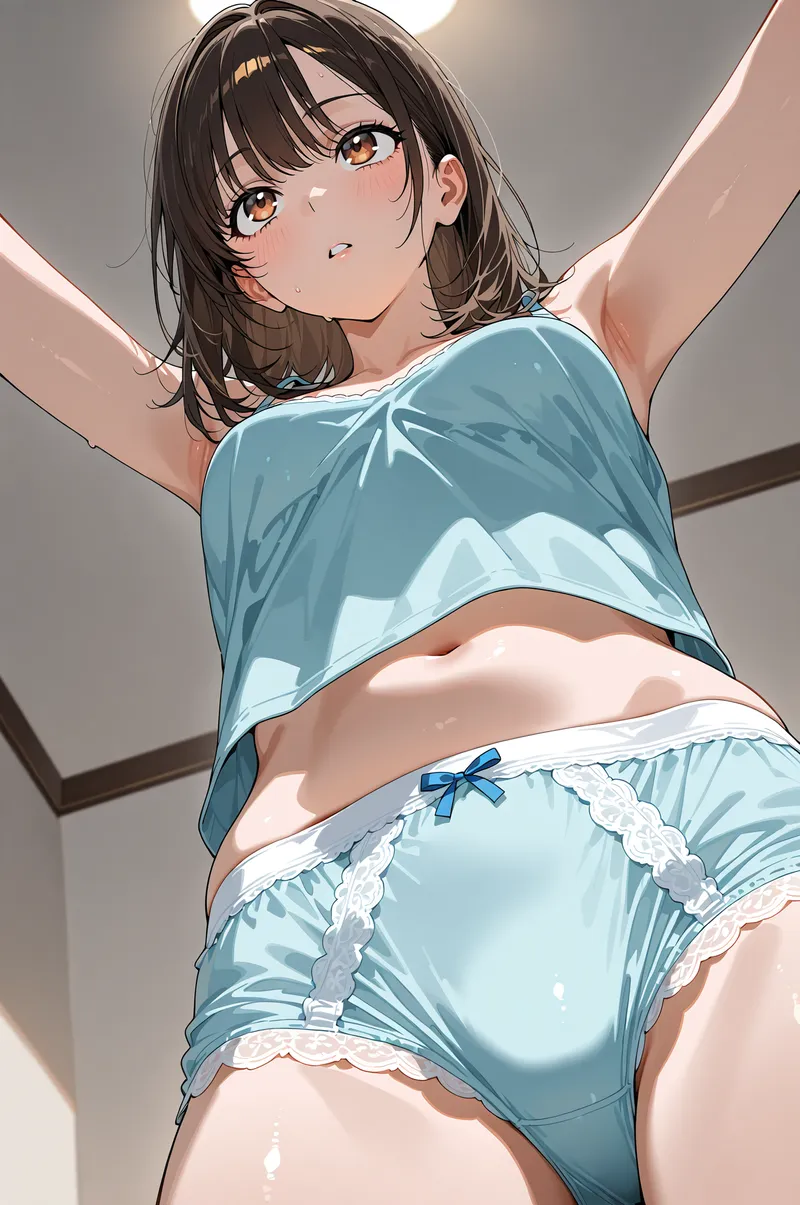 柔らかな光の下で、黒髪のショートボブヘアと澄んだ瞳を持つ少女が優しい表情で振り返る構図。青色の上品なランジェリーに白いレースをあしらった清潔感のあるアニメ調イラストです。