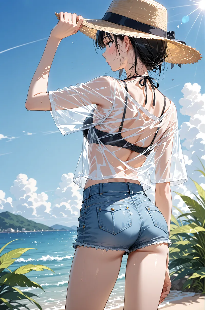 青い空と透き通る海を背景に、麦わら帽子を被った女性が立つ夏のポートレート。透け感のある白いシャツと紺色のショートパンツで、爽やかな海辺のファッションコーディネートを表現しています。