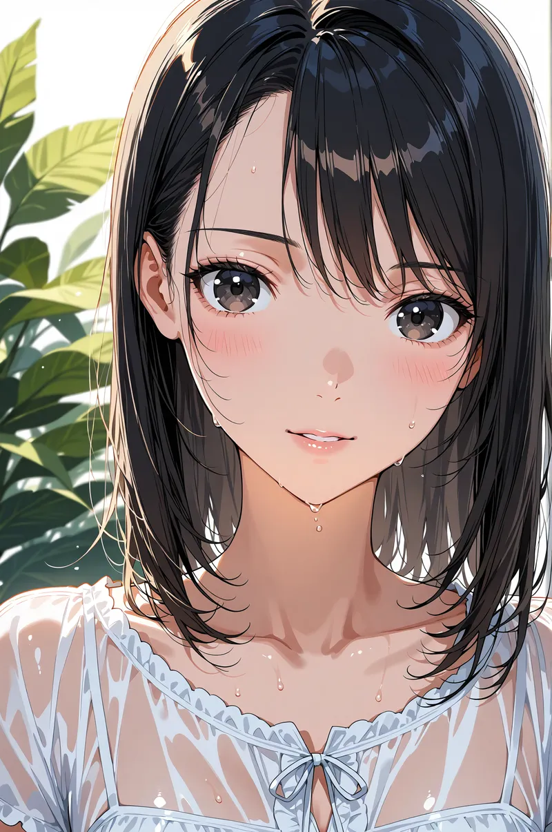 柔らかな光に包まれた黒髪ショートの美少女が、穏やかな笑顔でこちらを見つめるアニメ調イラストです。白いレースの衣装と緑の植物に囲まれた背景が、優雅で清潔感のある雰囲気を演出しています。