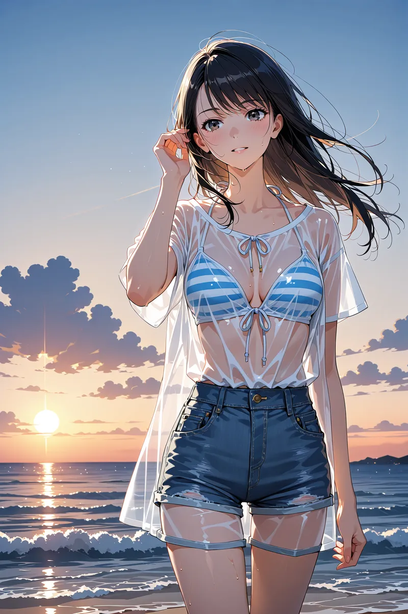 青い空と夕焼けに染まる海を背景に、爽やかな笑顔で佇む女性のアニメ調イラストです。黒髪がそよ風に揺れ、白いシャツ羽織りと縞柄トップスのカジュアルなスタイリングが映えています。