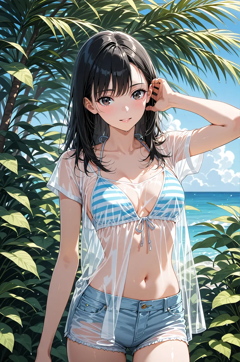 青空とヤシの木に囲まれたビーチで、白いシャツとストライプ柄の水着で爽やかに微笑む黒髪の少女。光と影の美しい描写で、夏らしい開放的な雰囲気を演出したアニメ調ポートレートです。