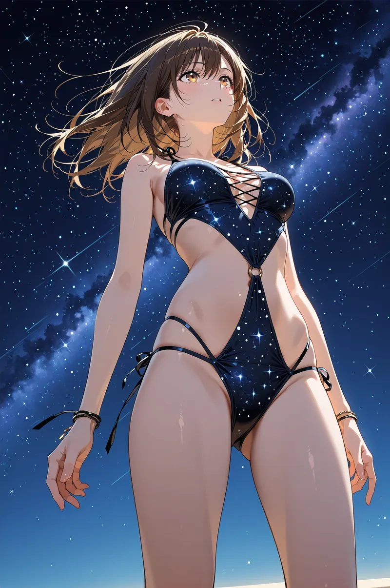 紺色の星柄ドレスに身を包み、夜空を仰ぎ見る少女のアニメ調イラスト。茶髪がそよ風になびき、無数の星と銀河が背景を彩る幻想的な一枚です。