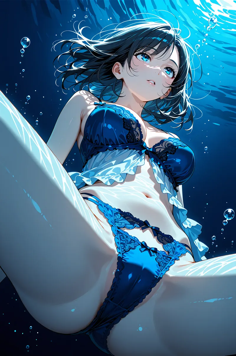 深青色の背景に浮かぶ黒髪の美少女が、柔らかな笑顔で上を見つめています。白とブルーの清楚な衣装に身を包み、流動的な光と泡に包まれた幻想的なポートレートです。