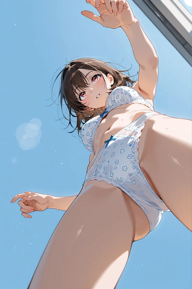 清々しい青空を背景に、上を見上げながら両手を伸ばす少女のアニメ調イラストです。白いフローラル柄の軽やかな衣装を身につけ、風に流れる髪と爽やかな表情が夏の開放感を表現しています。