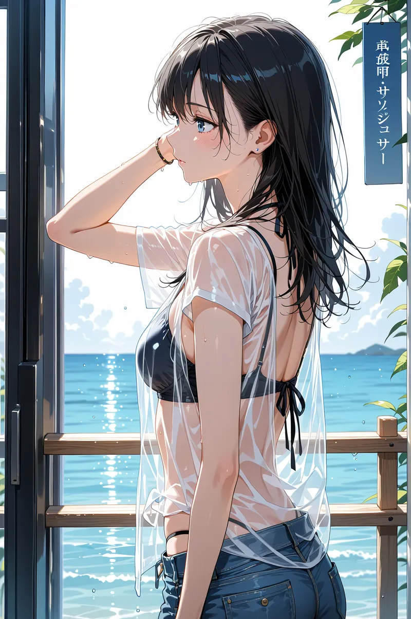 青い海を背景にした窓辺で、黒髪をかき上げる美少女のアニメ調イラスト。透光感のある白いシャツとデニムを身につけ、爽やかな表情で海景を眺めています。