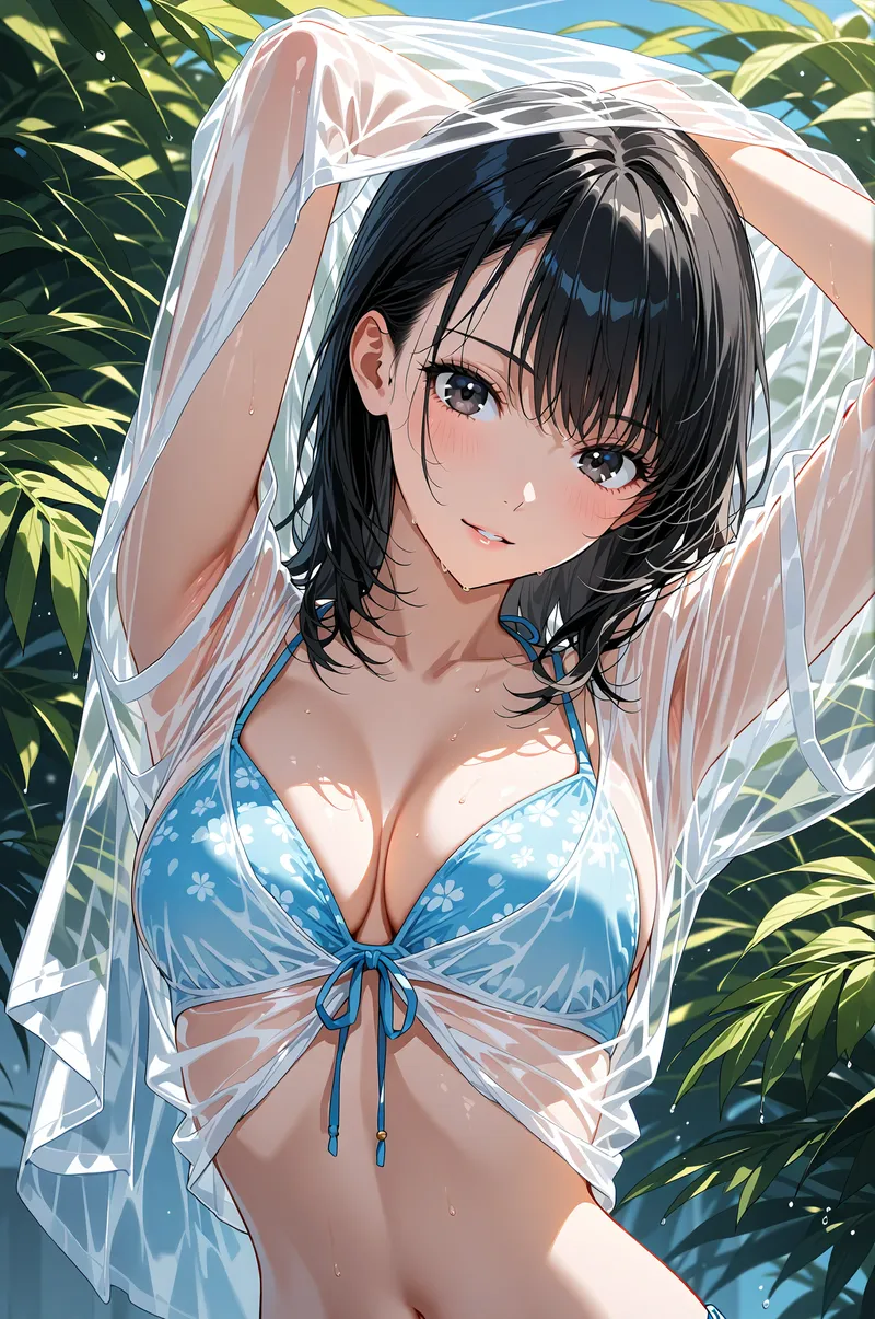 透き通った白いシアー素材に身を包み、青い花柄ビキニを合わせた美少女が、南国の草木に囲まれた中で優しい笑顔を向けています。澄んだ瞳と柔らかな表情が印象的なアニメ調イラストです。