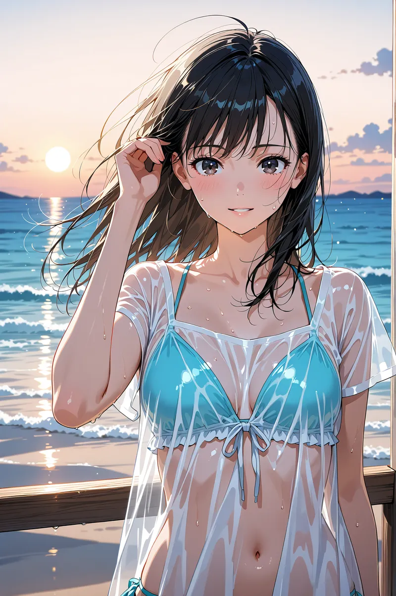 砂浜と夕日を背景に、黒髪をなびかせながら微笑む美少女のアニメ調イラストです。青と白のビーチウェアに身を包み、穏やかな海の景色に溶け込む優雅な一枚。