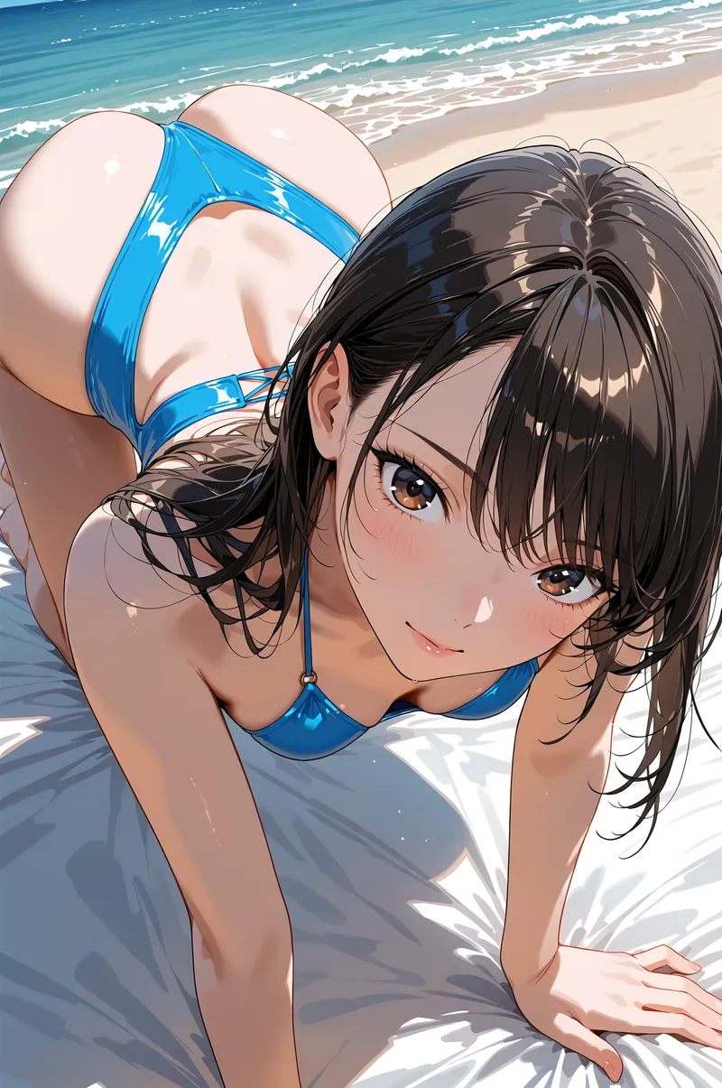 波打つ海を背景に砂浜で優しく微笑む黒髪の美少女イラスト。青と白のビキニ姿で、風になびく髪と明るい瞳が印象的なアニメ調ポートレートです。