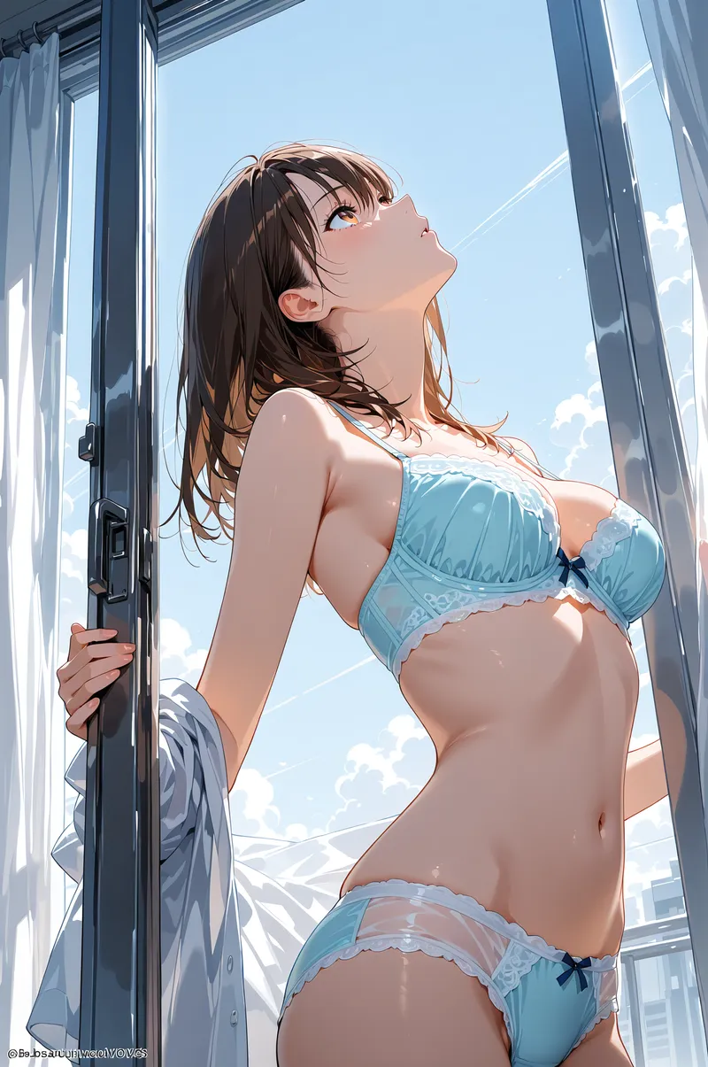 大きな窓から差し込む自然光のもと、青い水着を身につけた少女が上空を見つめています。爽やかな青空と白い雲が背景に映り、夏の日差しが肌に降り注ぐ爽快感あふれるシーンです。