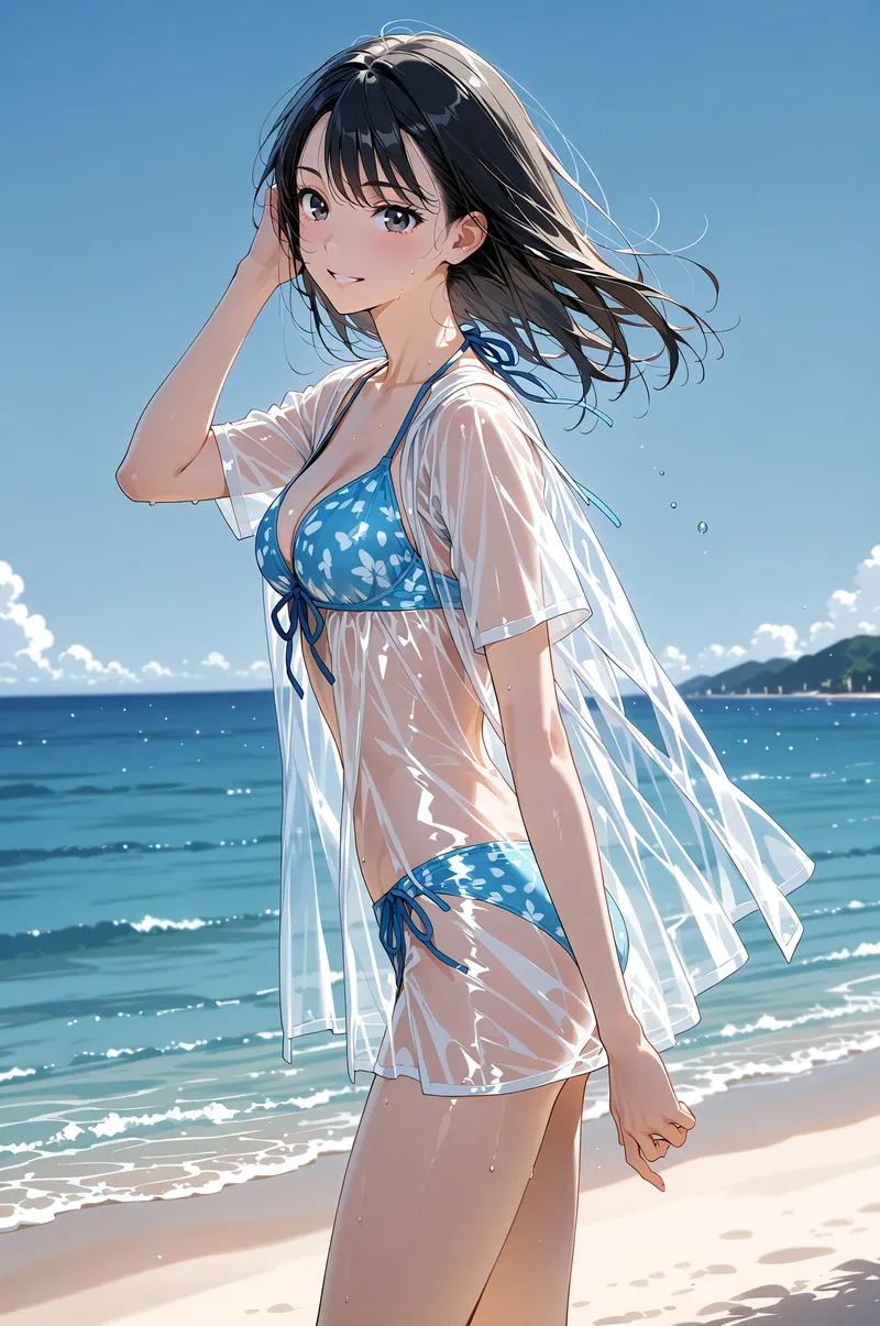 青い空と海を背景に、白いシアー素材の羽織りを優雅に広げた少女が佇んでいます。黒髪をなびかせ、爽やかな表情で浜辺に立つアニメ調のポートレート作品です。