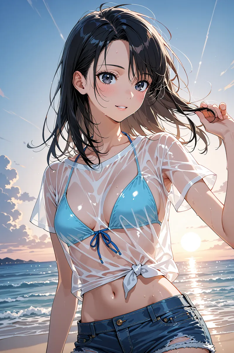 青い空と海を背景に、黒髪の美少女が爽やかな笑顔を浮かべるアニメ調イラストです。白いシャツと青のトップを合わせた清潔感のある夏らしい装いで、逆光の中で輝く透明感のある表情が特徴です。