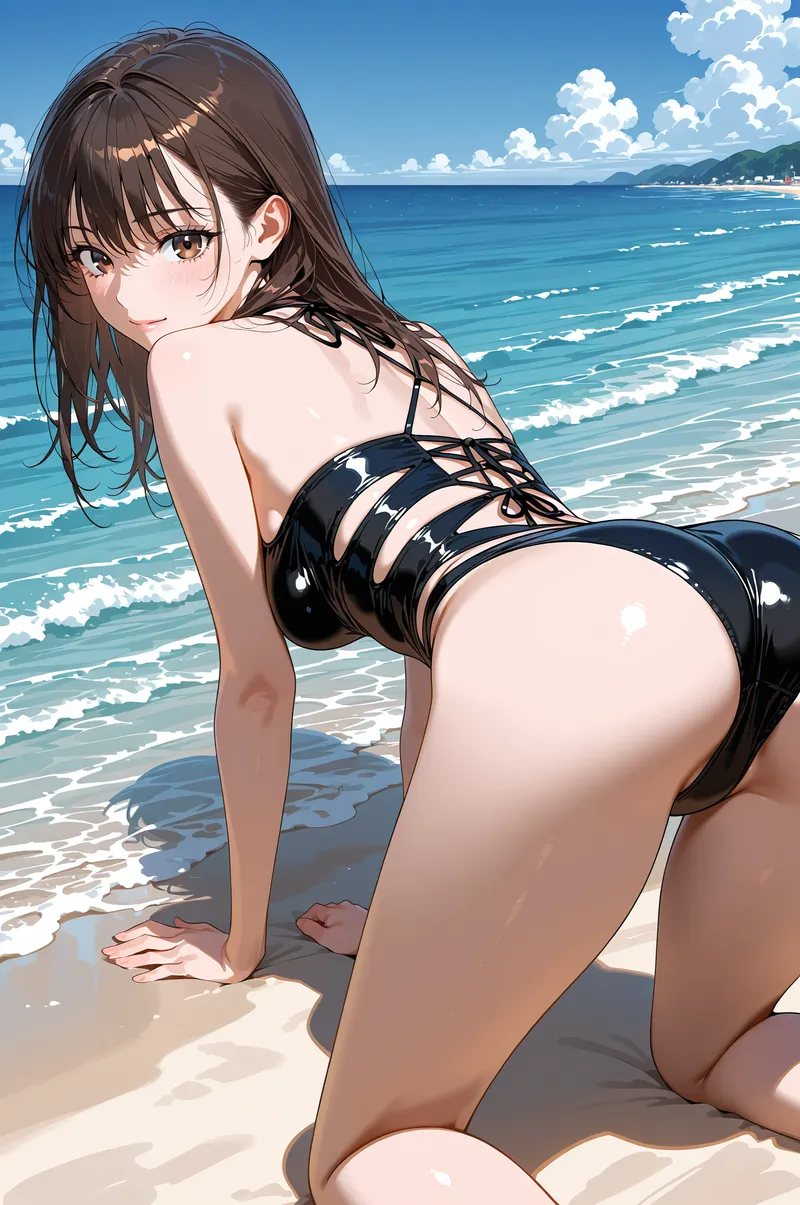晴れ渡った空と透き通った海を背景に、砂浜で微笑む黒髪の少女。爽やかな表情と光に包まれた海岸風景が印象的なアニメ調のポートレートです。
