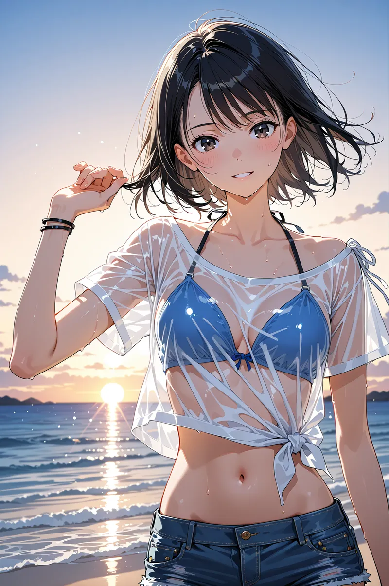 黒髪に青のビキニトップを合わせた少女が、夕日に輝く海辺で柔らかい笑顔を見せています。白いシャツを肩から羽織った爽やかな装いで、黄金色に染まる空と波打つ海を背景にした清涼感あふれるワンシーンです。