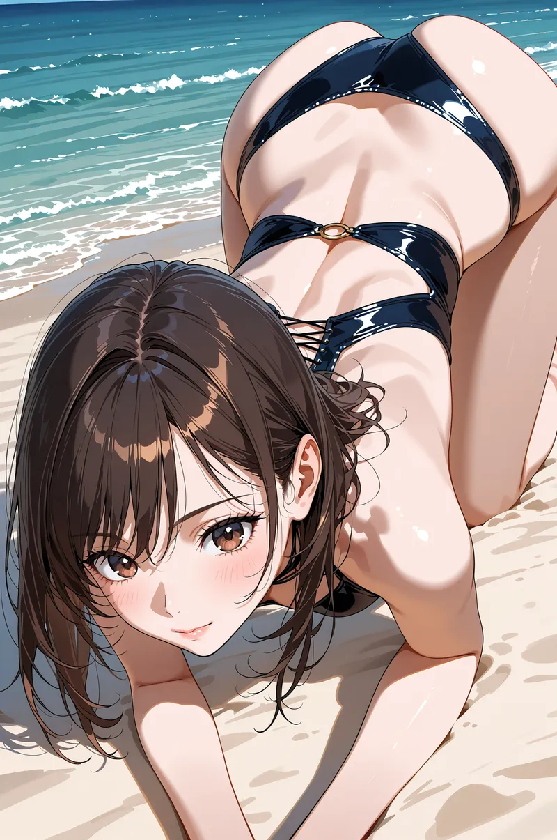 砂浜に座りこちらを見つめる黒い長髪の美少女。紺色のビキニ姿で、明るい表情が印象的です。背景には青い波が打ち寄せており、夏の海での一瞬を切り取ったアニメ調イラストになっています。