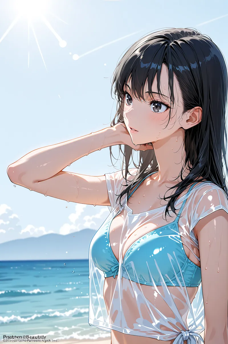 透明感あふれるアニメ調のイラスト。黒髪の少女が青い海を背景に、手を髪に優しく添えて微笑む夏の一瞬を捉えたポートレートです。清々しい空気感と光の表現が印象的。