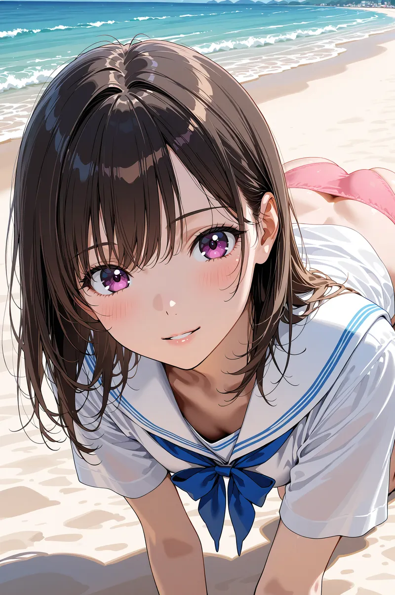 白いセーラー服に紺のリボンを結んだ、黒髪ショートの美少女がビーチで微笑んでいます。透き通った紫色の瞳と優しい表情が、青く輝く海と砂浜の爽やかな背景に映えるアニメ調ポートレートです。