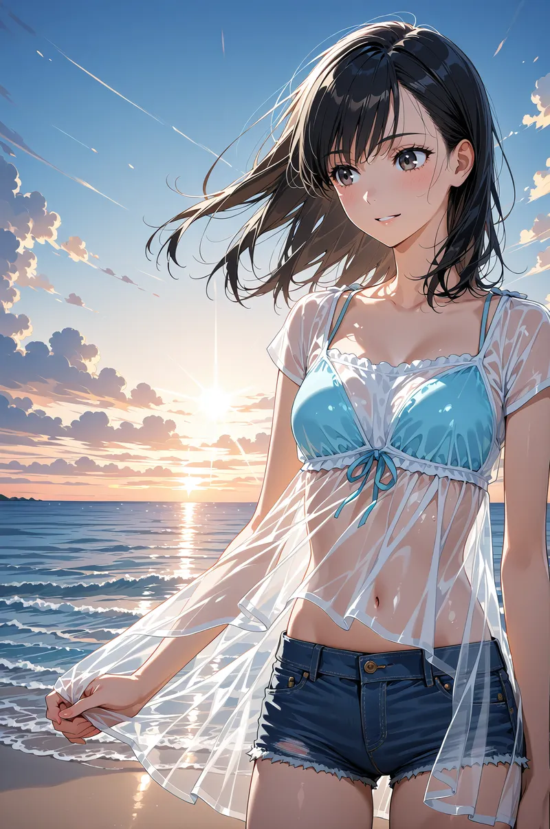 青い空と夕日に染まる海を背に、黒髪の少女がさわやかな笑顔で佇んでいます。透け感のあるシアー素材と清潔感のある装いが、夏の海辺の風情を引き立てています。