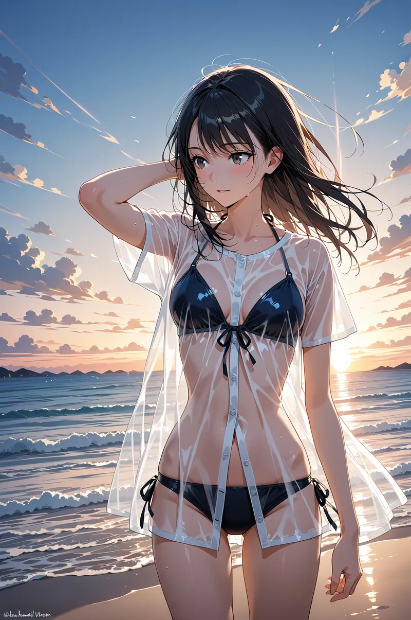 黒髪を靡かせ、白いシャツを羽織った少女が夕焼けの海辺に佇む。黄金色に輝く雲と波の光景が、透き通った瞳と清涼感あふれる表情を引き立てるアニメ調イラストです。