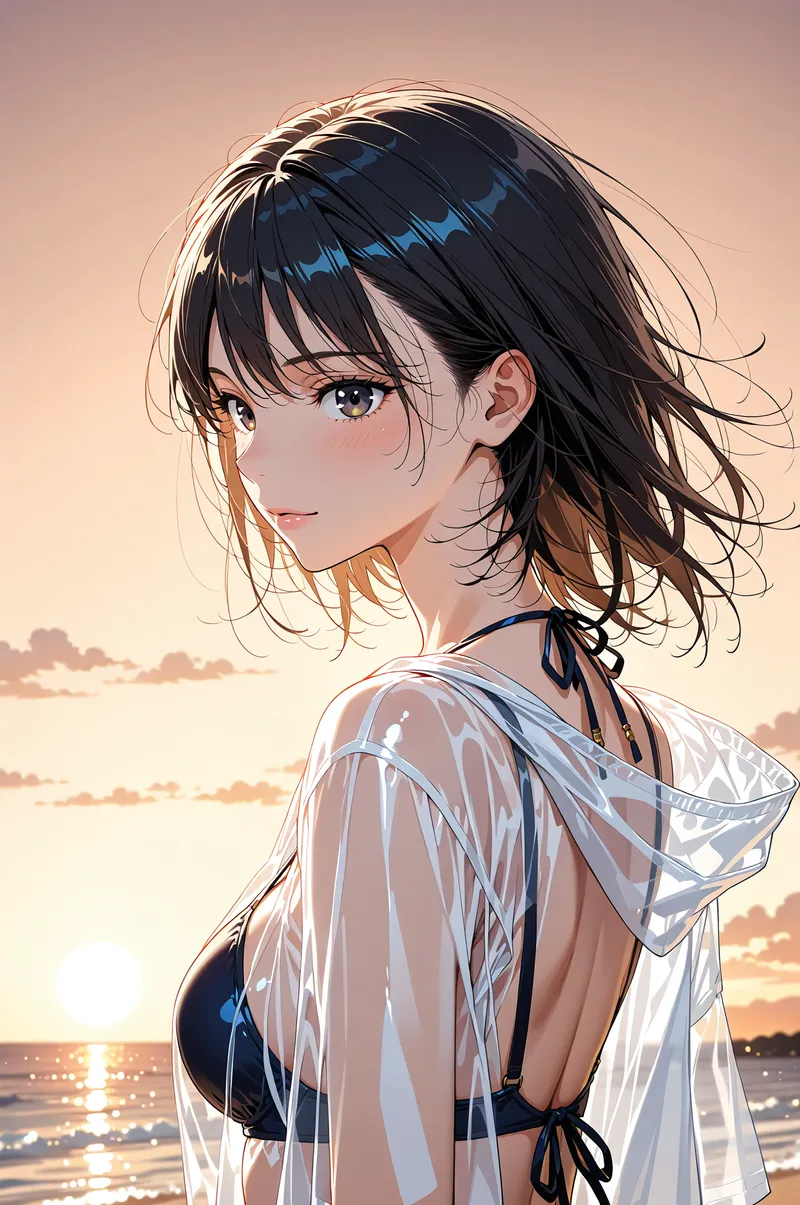夕日に染まる海を背景に、透明感のあるシャツを羽織った黒髪の少女がこちらを振り返ります。柔らかな光が頬を照らし、流れるような髪の動きと穏やかな表情が印象的な一枚です。