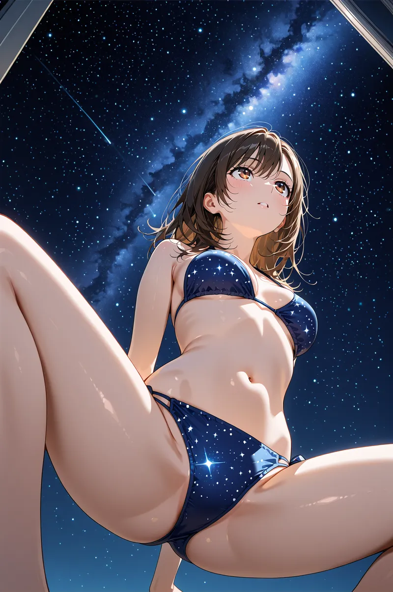 黒髪のアニメ調美少女が、きらめく星々と天の川を背景に上を見上げる表情。紺色と白のカラーコーディネートで、夜空の神秘的な世界観を引き立てた一枚です。