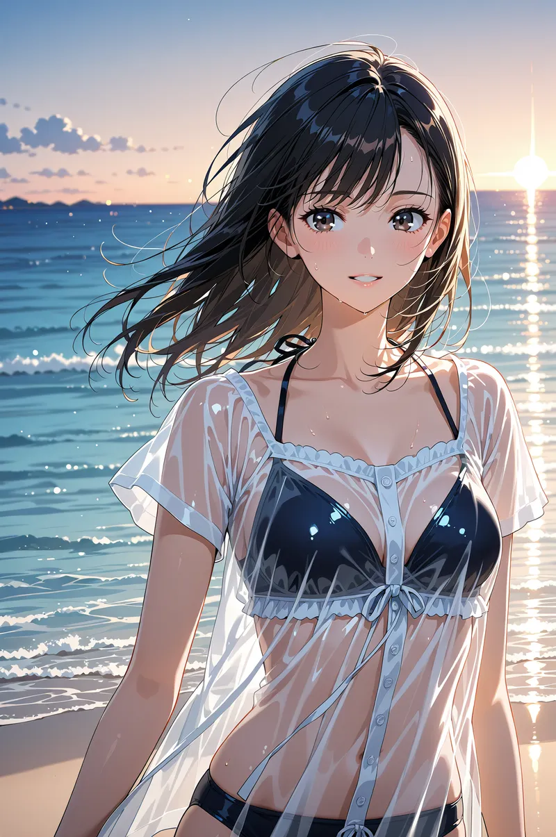 透き通った白いシャツをはおった黒髪の美少女が、夕焼けの海を背景に優しく微笑んでいます。波打つ海と金色に染まった空が、アニメ調の繊細な描写で表現された穏やかなポートレートです。