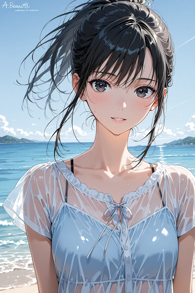 透き通るような青い瞳と柔らかい笑顔が印象的な、アニメ調の美少女イラストです。黒髪をアップスタイルにまとめた髪型と、水色のワンピースが爽やかで、背景の蒼い海と白い砂浜が清涼感を引き出しています。