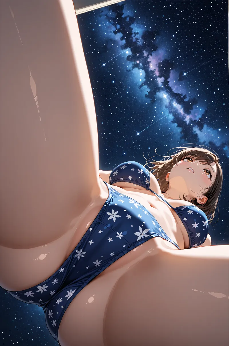 紺色の星柄パジャマに身を包んだ少女が、銀河の輝きを見上げる幻想的なポートレート。柔らかな光に包まれた背景に、流れ星が優雅に舞う夜空が映り込み、穏やかな眼差しで宇宙の神秘を感じさせます。