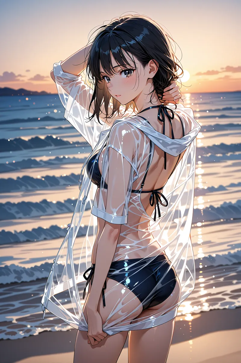 夕日に照らされた海辺で、黒髪をなびかせながら振り返る美少女のアニメ調イラスト。透け感のある白いシャツとビーチウェアで、柔らかな夕焼け色に包まれた優雅な表情が印象的です。