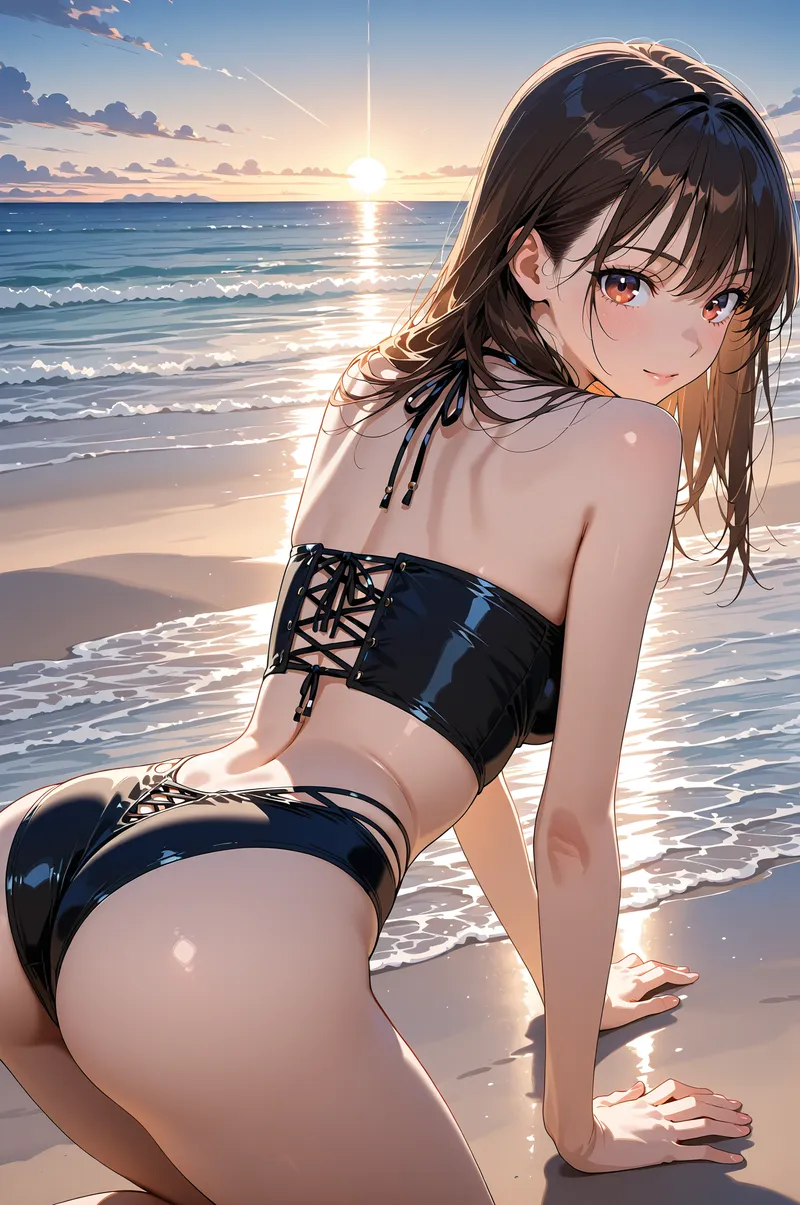 夕焼けに染まる海辺で、黒いビキニ姿の美少女が振り返る瞬間を捉えたアニメ調イラスト。赤い瞳と黒髪が夕日の光に映え、波打つ海と砂浜が背景に広がる夏の開放的な雰囲気です。