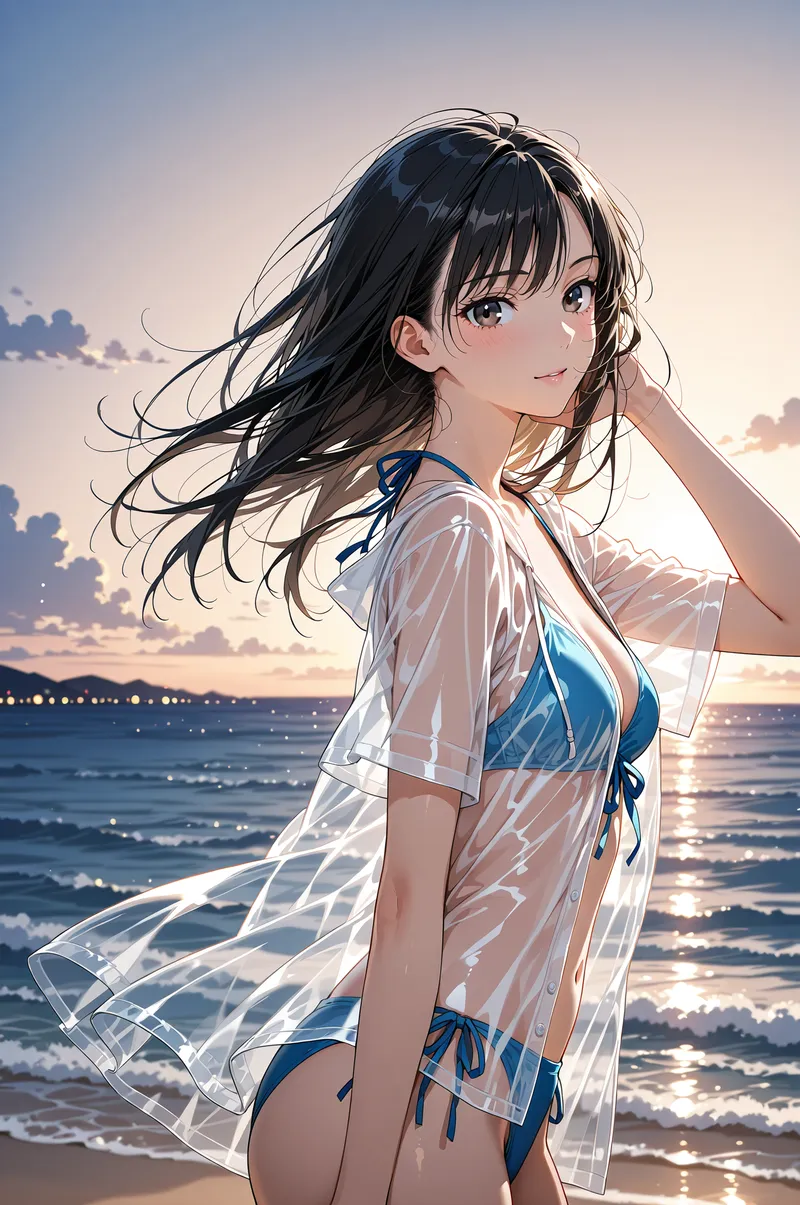 黒髪をなびかせながら、透明感のある白いシャツを羽織った美少女が夕焼けの海辺で振り返る姿。青と白の水着と柔らかな夕光が調和した、息吹のあるアニメ調イラストです。