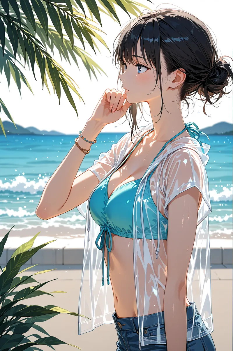 青い海と白い砂浜を背景に、黒髪をまとめた少女が静かに思いに耽る様子を描いたアニメ調イラストです。透ける白いシャツと青いトップスに身を包み、腕のブレスレット越しに見える柔らかい陽光が、夏の情景を引き立てています。