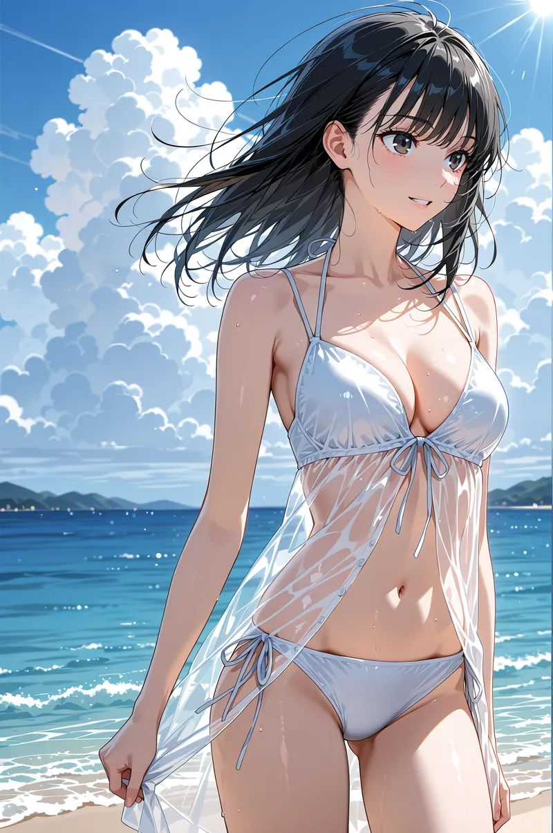澄んだ青空と白い雲が広がるビーチで、黒髪の美少女が爽やかな笑顔を浮かべています。透き通るようなシフォン素材の衣装が海風になびき、夏の日差しを浴びて輝く姿が印象的な一枚です。
