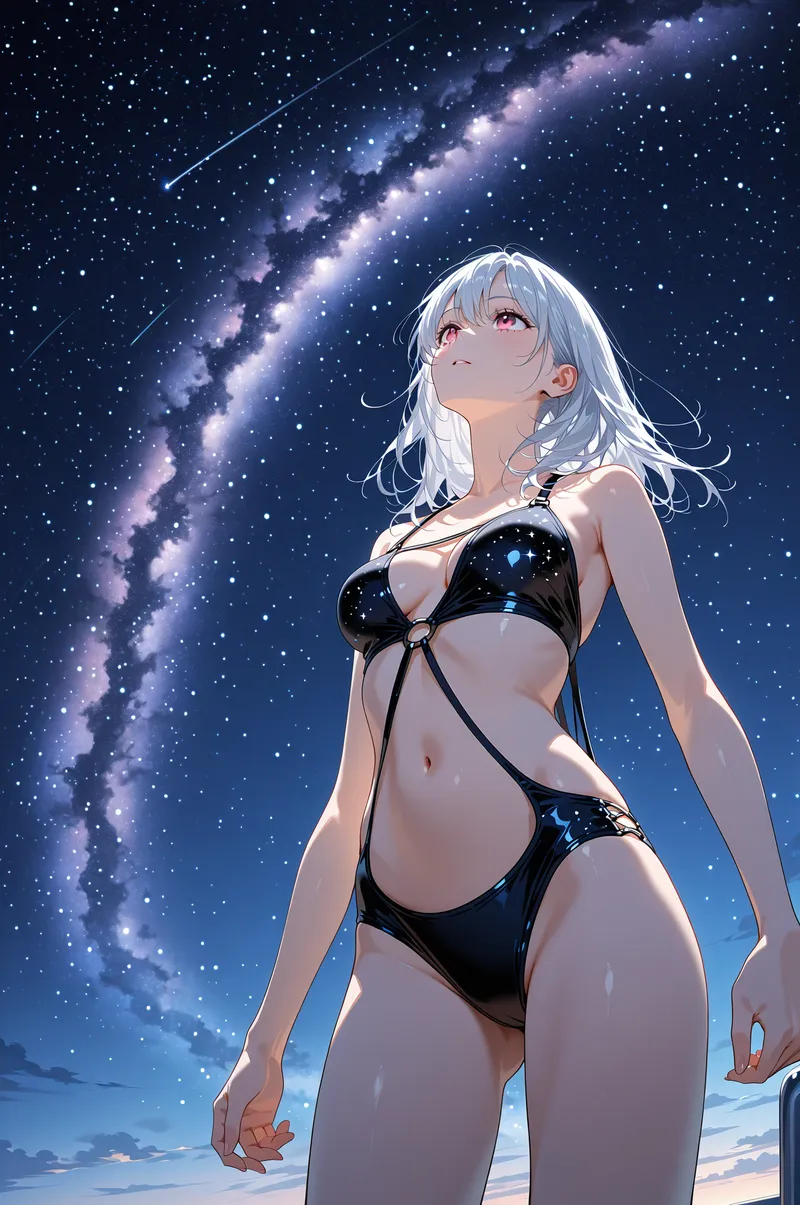 銀河と流星が輝く夜空を見上げる白髪の美少女。赤紫色の瞳が優しく輝き、夜景ポートレートの雰囲気を引き出しています。アニメ調の繊細な描写が特徴です。