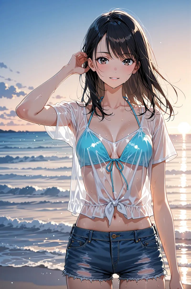 黒髪の美少女が海岸で夕焼けを背景に微笑むポートレート。青のビキニに白いシャツを重ねた爽やかな海辺ファッションで、優しい自然光に照らされた清涼感のあるイラストです。