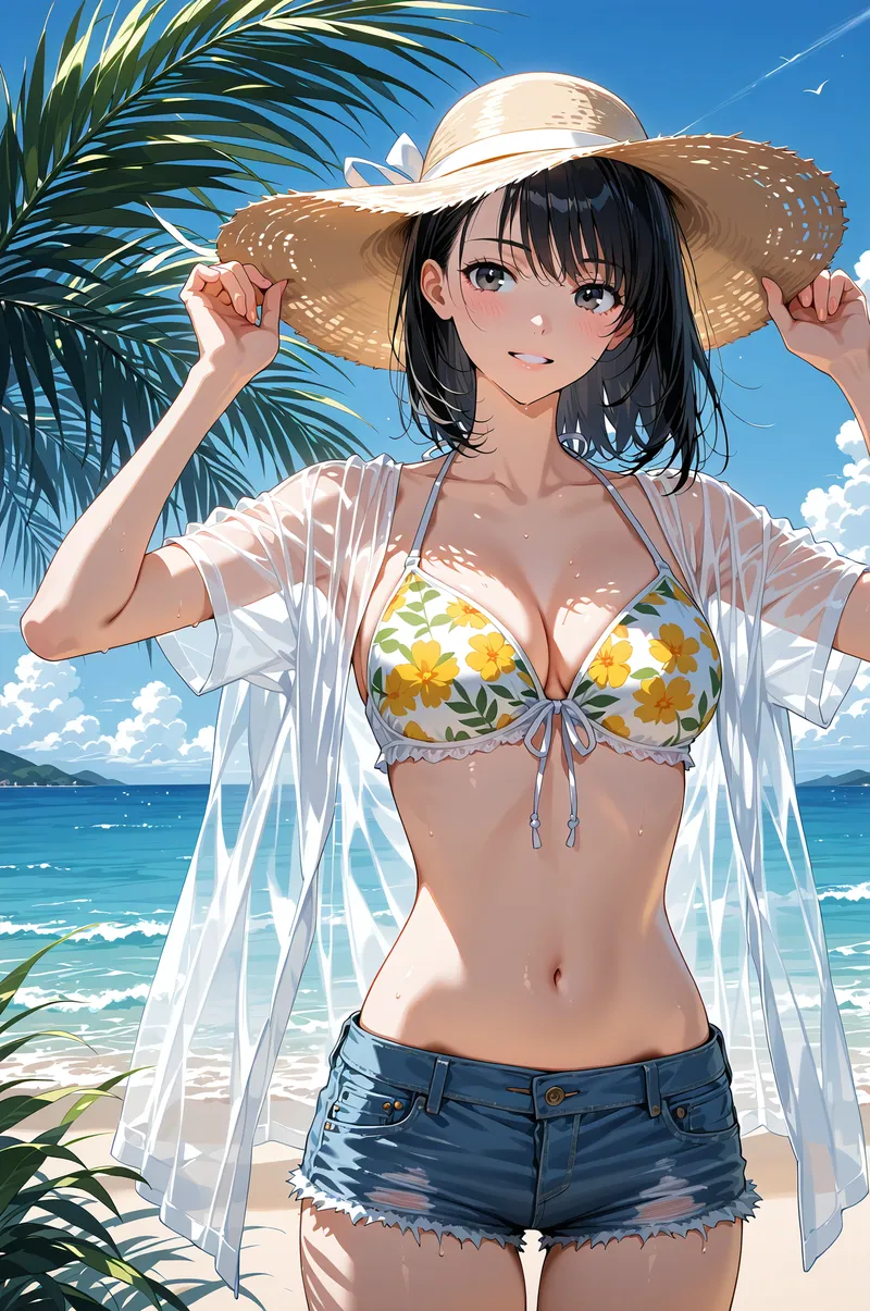 透き通るような青空と海を背景に、麦わら帽子をかぶった美少女が爽やかな笑顔で佇んでいます。白いシャツと花柄の水着、デニムショートパンツというカジュアルな夏コーデが、トロピカルな雰囲気を引き立てています。