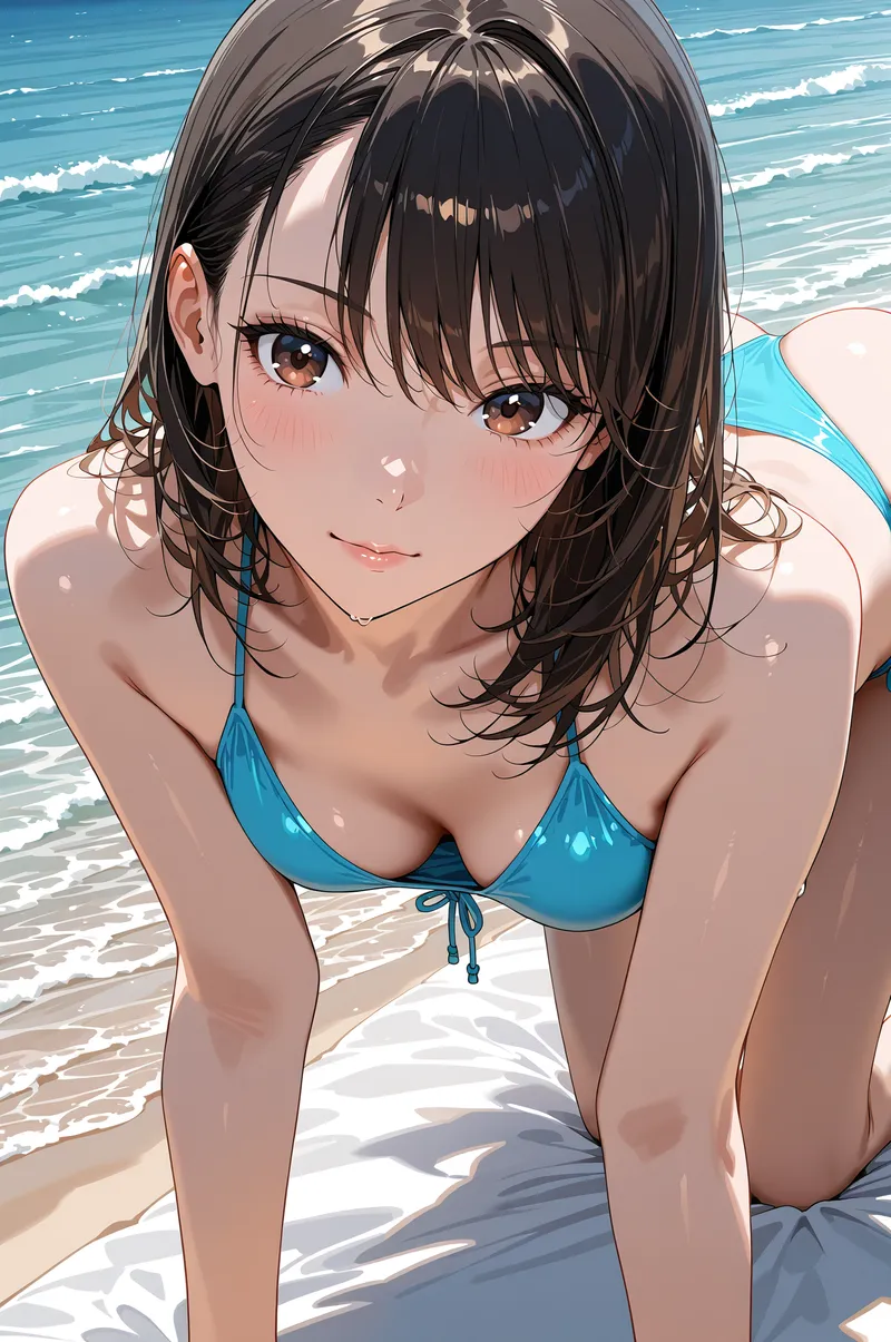 青い空と海を背景に、黒髪のショートヘアが印象的な少女が砂浜で微笑む。爽やかな水色の水着姿で、波打ち際での夏の一瞬を捉えた清涼感あふれるアニメ調イラストです。