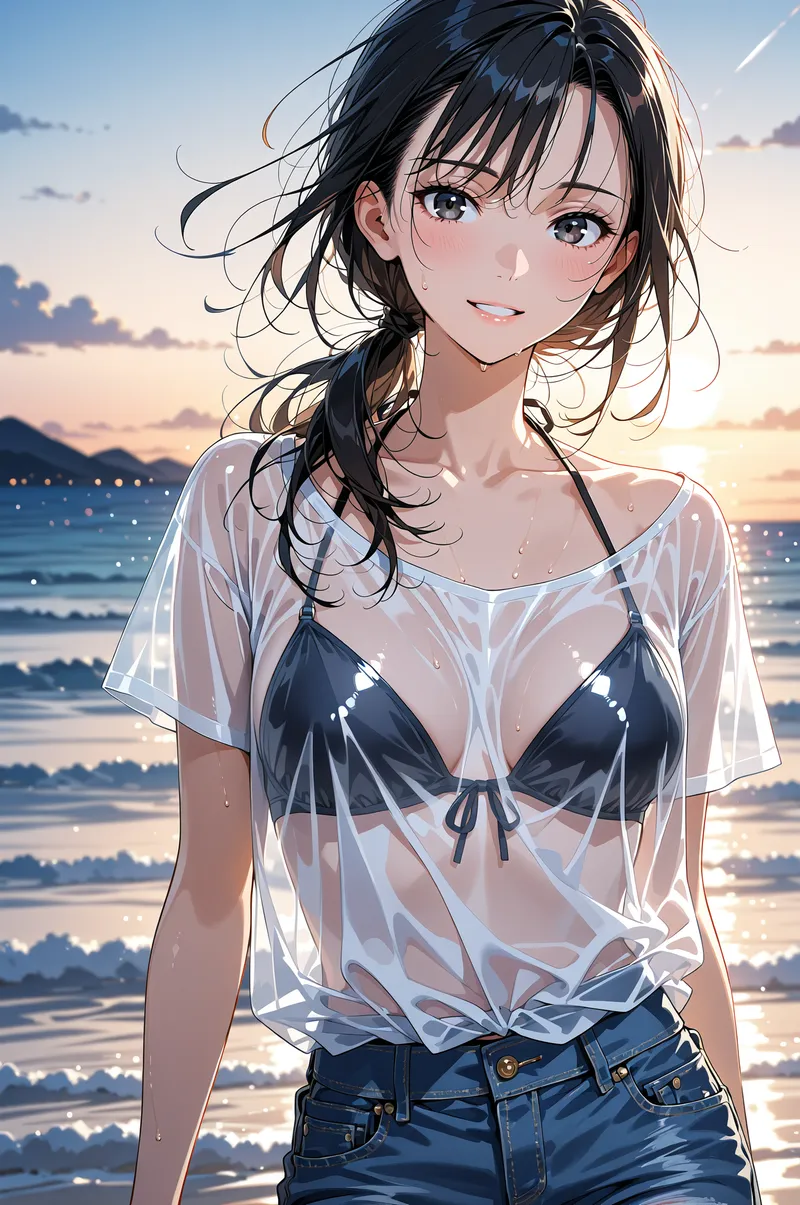 黒髪をなびかせ、白いシアー素材のトップスを着た少女が、夕焼けに染まる海を背景に優しく微笑んでいます。波打つ水面の光と、柔らかな夕暮れの空気感が印象的なアニメ調イラスト。