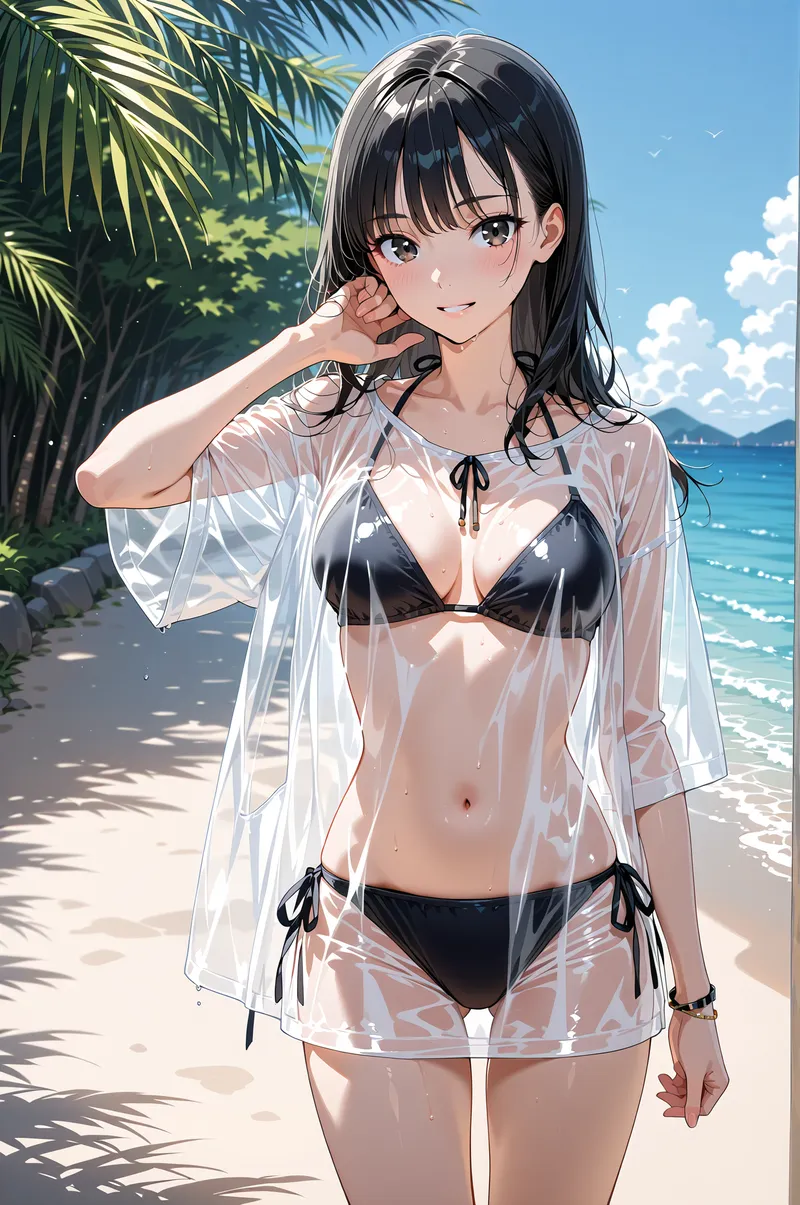 青い海と白い雲が広がるトロピカルビーチで、透け感のあるシャツを羽織った黒髪美少女が柔らかな笑顔で佇んでいます。パームツリーの影が落ちる砂浜で、清涼感溢れるアニメ調イラストです。