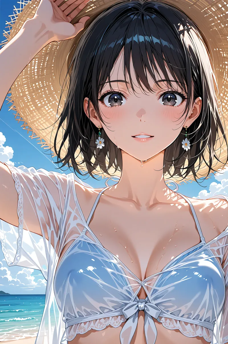 黒髪のショートヘアに前髪がかかった愛らしい表情のアニメ調イラストです。花柄のピアスを揺らし、爽やかなビーチを背景に麦わら帽子を持つ夏らしいシーンが描かれています。