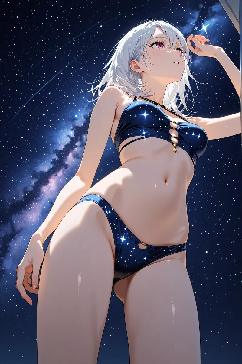 銀河を背景に仰ぎ見る白髪の美少女イラスト。紅い瞳と透き通った肌、星々を散りばめた濃紺の衣装が夜空と呼応する幻想的な一枚です。